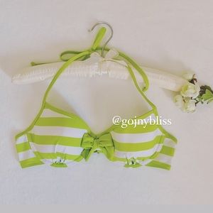 Hollister • Lime Green White Stripes Underwire Plunge Bikini Top Jr L (NWOT)